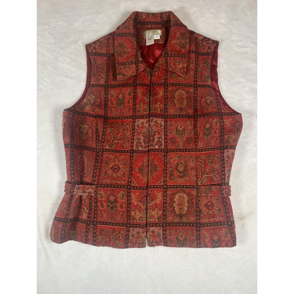 The Territory Ahead Vest Womens 12 Red Tapestry Floral Zip Collared Lined Boho